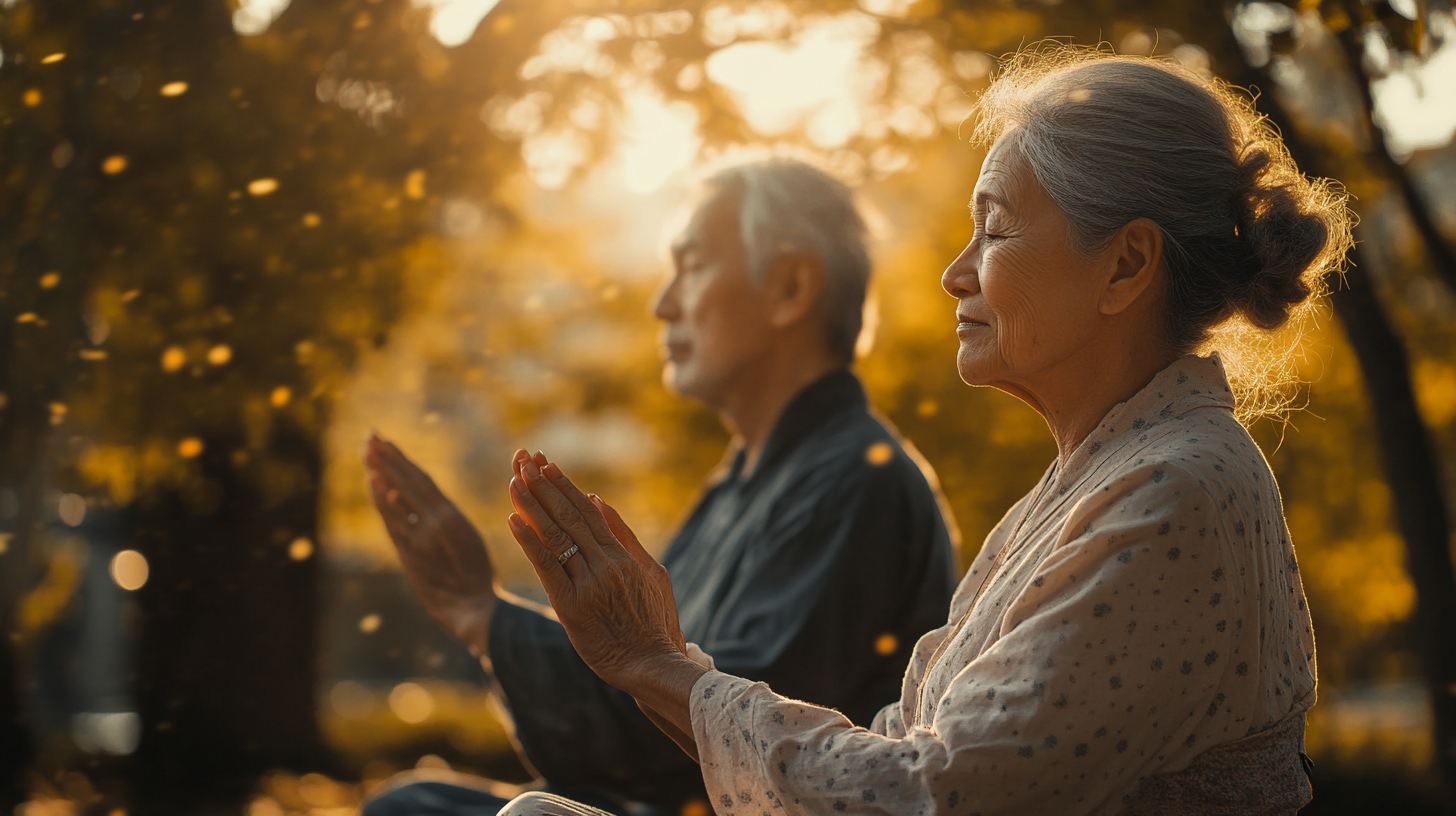 Старші люди займаються йогою в парку